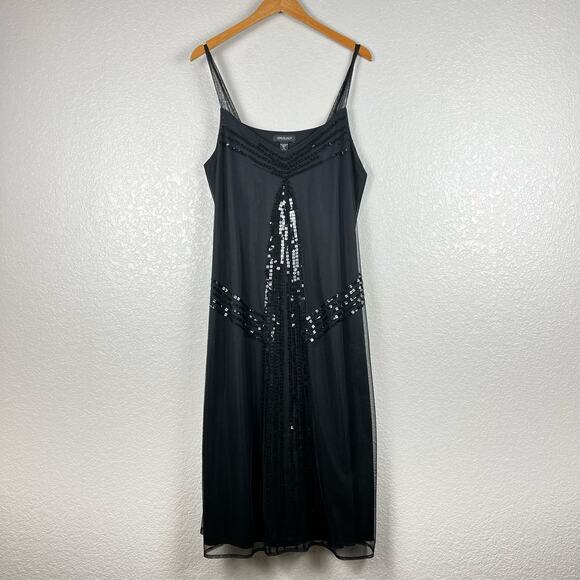 Womens Slip Midi Dress XL Black Sequin Y2K Mesh Goth Witchy Fairy‎ Grunge - Picture 1 of 7